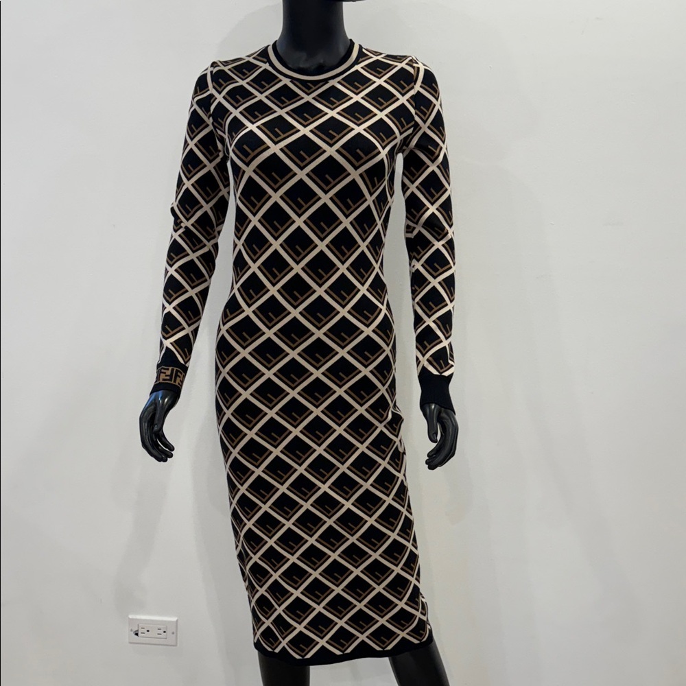 FENDI FF Plaid Logo Monogram Knit Bodycon Midi Dress Black Brown IT40 US4